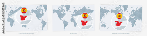 Three versions of the World Map with the enlarged map of Spain with flag.