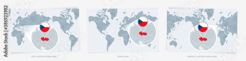 Three versions of the World Map with the enlarged map of Czech Republic with flag.