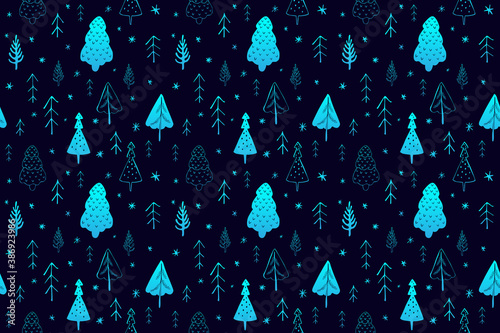 Seamless pattern with trees and snowflakes. Winter and christmas mood, scandinavian minimalism, hand drawn doodle style for web, print, textile, background, wrapping paper, wallpaper. 