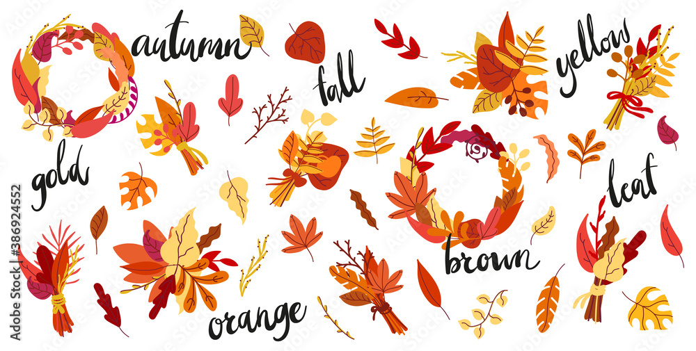 A big set of autumn plant decor elements and handwritten lettering. Collection of bright fall leaves compositions, bouquet, wreath. Vector illustration. A big set of autumn plant decor elements and handwritten lettering. Collection of bright fall leaves compositions, bouquet, wreath. Vector illustration.