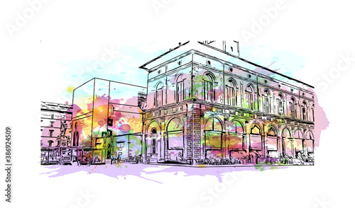 Building view with landmark of Bologna is the capital and largest city of Northern Italy. Watercolor splash with hand drawn sketch illustration in vector.
