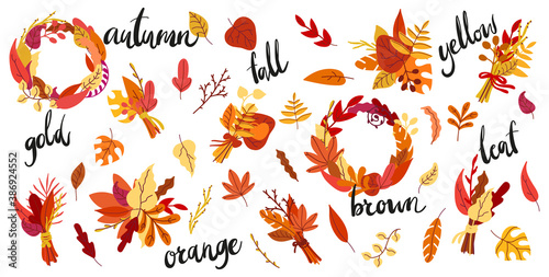 A big set of autumn plant decor elements and handwritten lettering. Collection of bright fall leaves compositions, bouquet, wreath. Vector illustration.