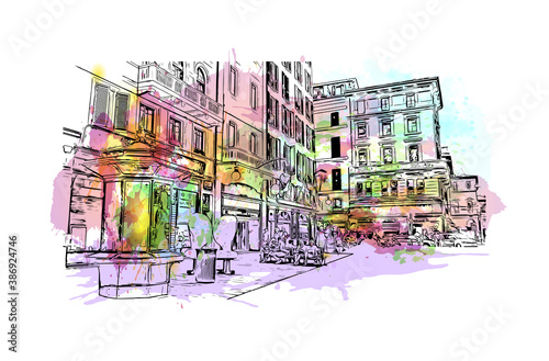 Building view with landmark of Bologna is the capital and largest city of Northern Italy. Watercolor splash with hand drawn sketch illustration in vector.