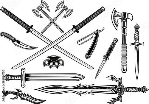 Knife, dagger, sword and tomahawk Fototapete