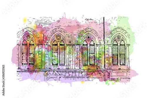 Building view with landmark of Bologna is the capital and largest city of Northern Italy. Watercolor splash with hand drawn sketch illustration in vector.