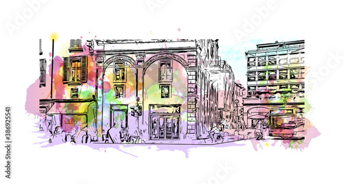 Building view with landmark of Bologna is the capital and largest city of Northern Italy. Watercolor splash with hand drawn sketch illustration in vector.