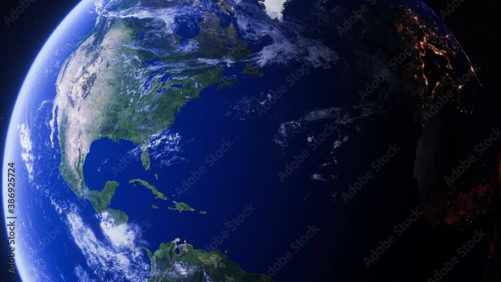 Realistic Earth. Slowly Rotating Earth with Day and Night. City Lights. 3D Animation. Detailed and Natural Textures. View Of Planet Earth From Space. Seamless Loop.