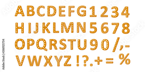 Gingerbread cookies alphabet and numbers vector illustration in a flat cartoon style isolated on white background. Ginger cookies font.