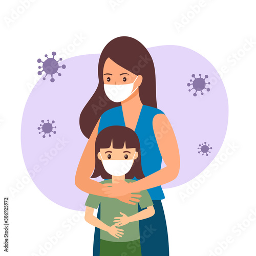 Mother and daughter wearing medical face mask to prevent Covid19 Coronavirus infection. Health protection concept vector illustration.