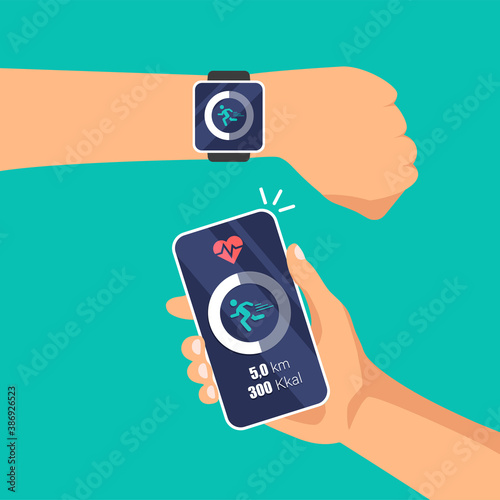 Fitness steps and run tracker app on mobile phone and smart watch display. Pedometer concept. Day activity and tracking data transferred to the smartphone. Vector illustration.