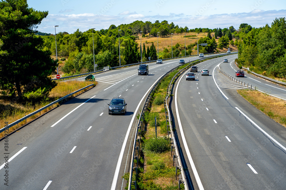 Montpelier, France 26.08.2020 Highway view from above, Montpelier - Toulouse. Summer day