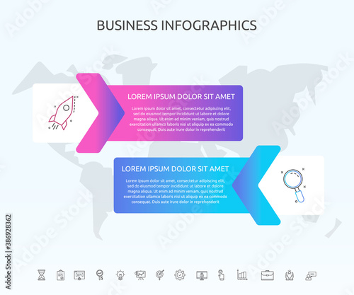 Infographics rectangle with 2 steps, arrows. Vector template used for diagram, business, web, banner, workflow layout, presentations, flowchart