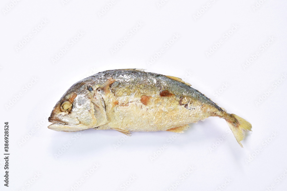 deep fried mackerel fish on white background