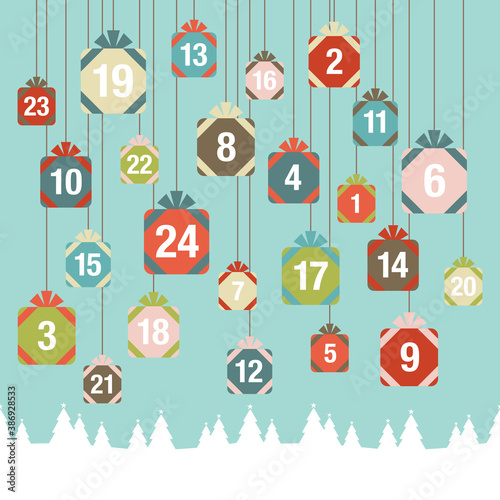 Adventskalender Hängende Geschenke Wald Retrofarben