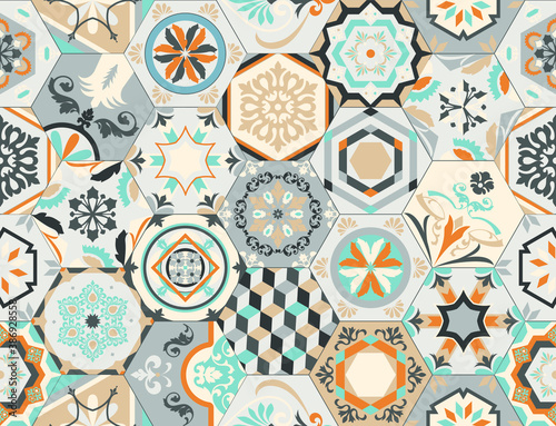 Talavera pattern. Indian patchwork, Turkish ornament. Moroccan mosaic. Ceramic dishes, folk print. Spanish pottery. Antique Moroccan, Portuguese hexagonal tiles. Mediterranean seamless vector.