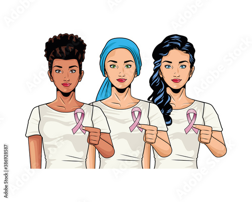 interracial group of girls with pink ribbons breast cancer campaign pop art style