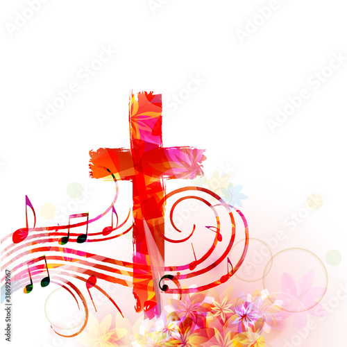 Colorful christian cross with music notes isolated vector illustration. Religion themed background. Design for gospel church music, choir singing, concert, festival, Christianity, prayer