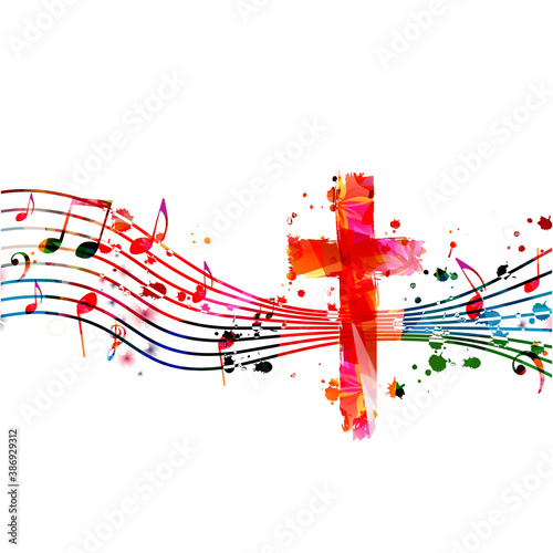 Colorful christian cross with music notes isolated vector illustration. Religion themed background. Design for gospel church music, choir singing, concert, festival, Christianity, prayer
