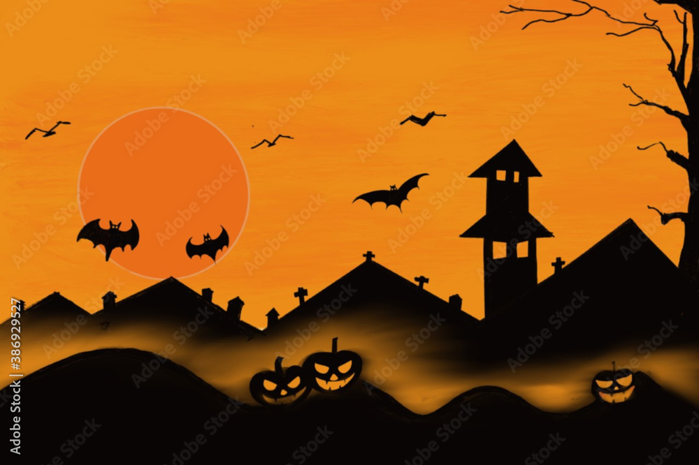 Halloween sketch paint watercolor graphic Perforated group pumpkin with bat on black background