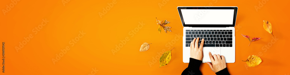 Autumn leaves with person using a laptop computer from above - obrazy, fototapety, plakaty 