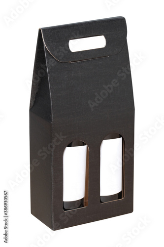 wine carton box  with two bottle of wine inside isolated on white background with clipping path and copy space for your text