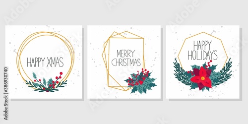 Happy xmas post card set. Christmas botanical hand drawn gold frame, leaves, flowers and berries, bows and fir tree, winter traditional xmas holiday vector cartoon design greeting card or invitation
