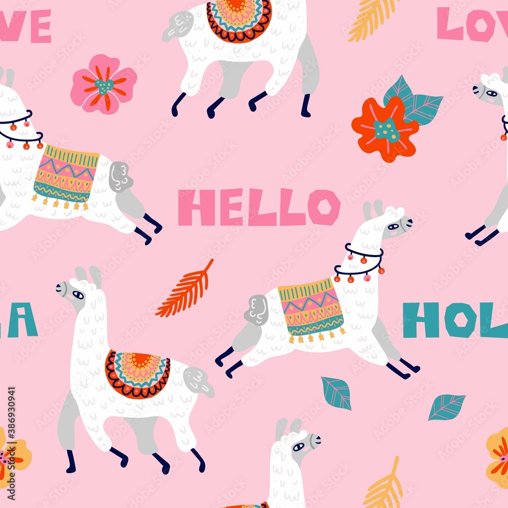 Llama seamless pattern. Cute alpaca mammal animals childish backgrounds, leaves and hello text. Kids creative design textile wrapping paper, wallpaper vector isolated texture on pink