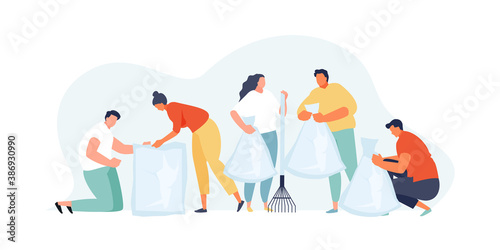 Eco volunteers cleaning up garbage vector. Nature protection charity vector illustration