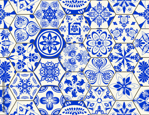 Indigo Blue Flower Azulejos Pattern Lisbon Set Paint Tile Floor Oriental Spain Collection Seamless Pattern Portugal Geometrichexagonal  Ceramic Design Tile Vintage Illustration background Vector Textu