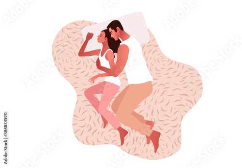Beautiful romantic couple sleeping. Intimate or sexual relationship of young man and woman. Pale pastel colours vector illustration in flat style.