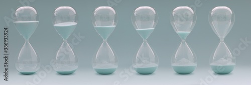 Set of different states of hourglasses on turquoise background