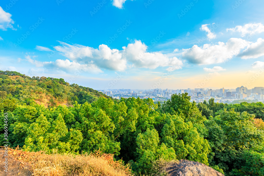 Green mountains and city skyline in Hangzhou.