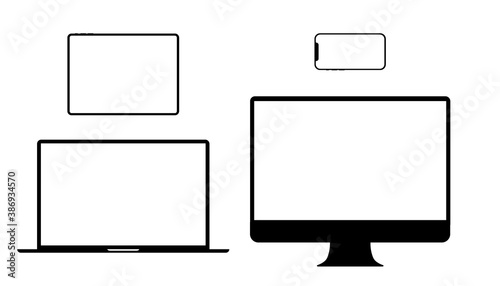 Device screen icon set. Phone and computer display to present visual information, mobile touchscreens, touchpad for the laptop. Vector flat style cartoon illustration isolated on white background