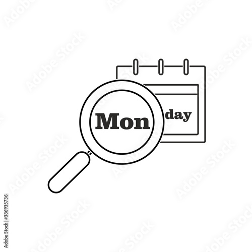 Calendar, magnifier. Planning the week, Monday. Vector icon isolated on white background.