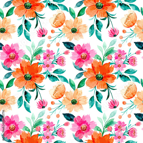Pink orange floral seamless pattern with watercolor