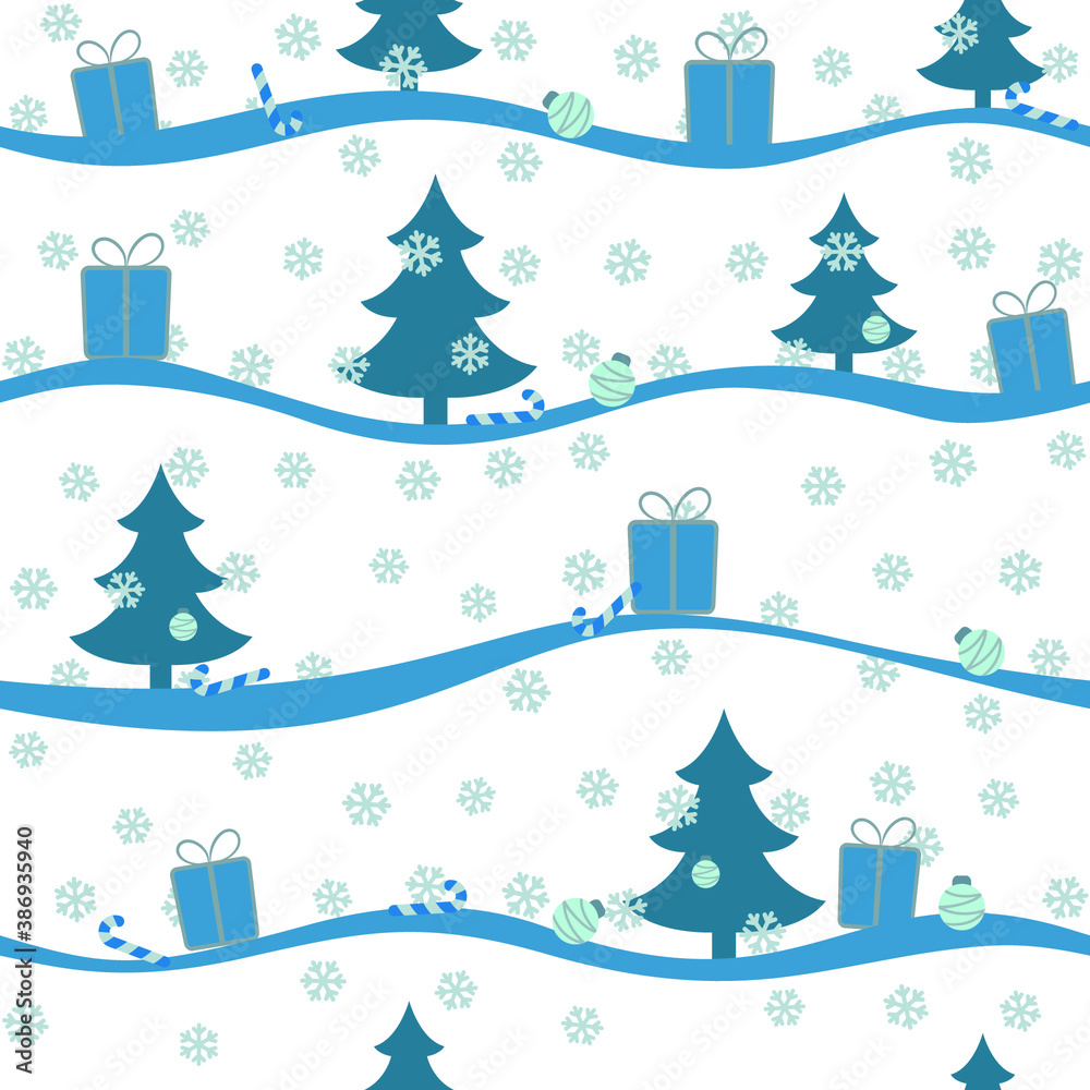Seamless Christmas light pattern with blue snow, trees, balls and gifts. Vector endless illustration for web background.