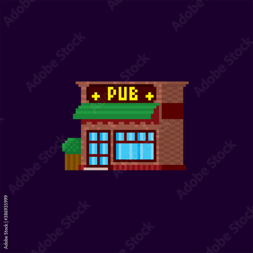 Pub, bar. Pixel art. Old school computer graphic style. Element design for logo, stickers, web, embroidery and mobile app. Isolated vector illustration. 8-bit sprite.