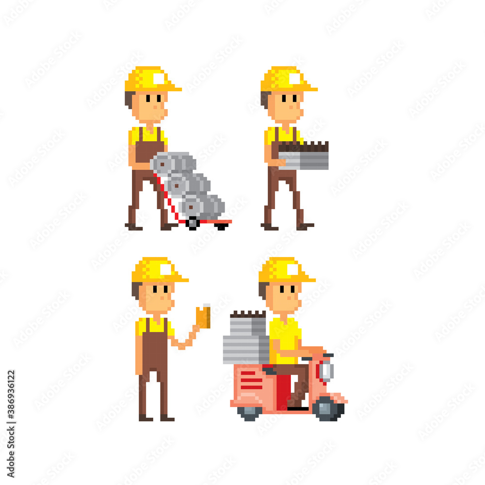 Workers produce and distribute beer. Pixel art. Old school computer graphic style. Element design for logo, stickers, web, embroidery and mobile app. Isolated vector illustration. 8-bit sprite. Workers produce and distribute beer. Pixel art. Old school computer graphic style. Element design for logo, stickers, web, embroidery and mobile app. Isolated vector illustration. 8-bit sprite.