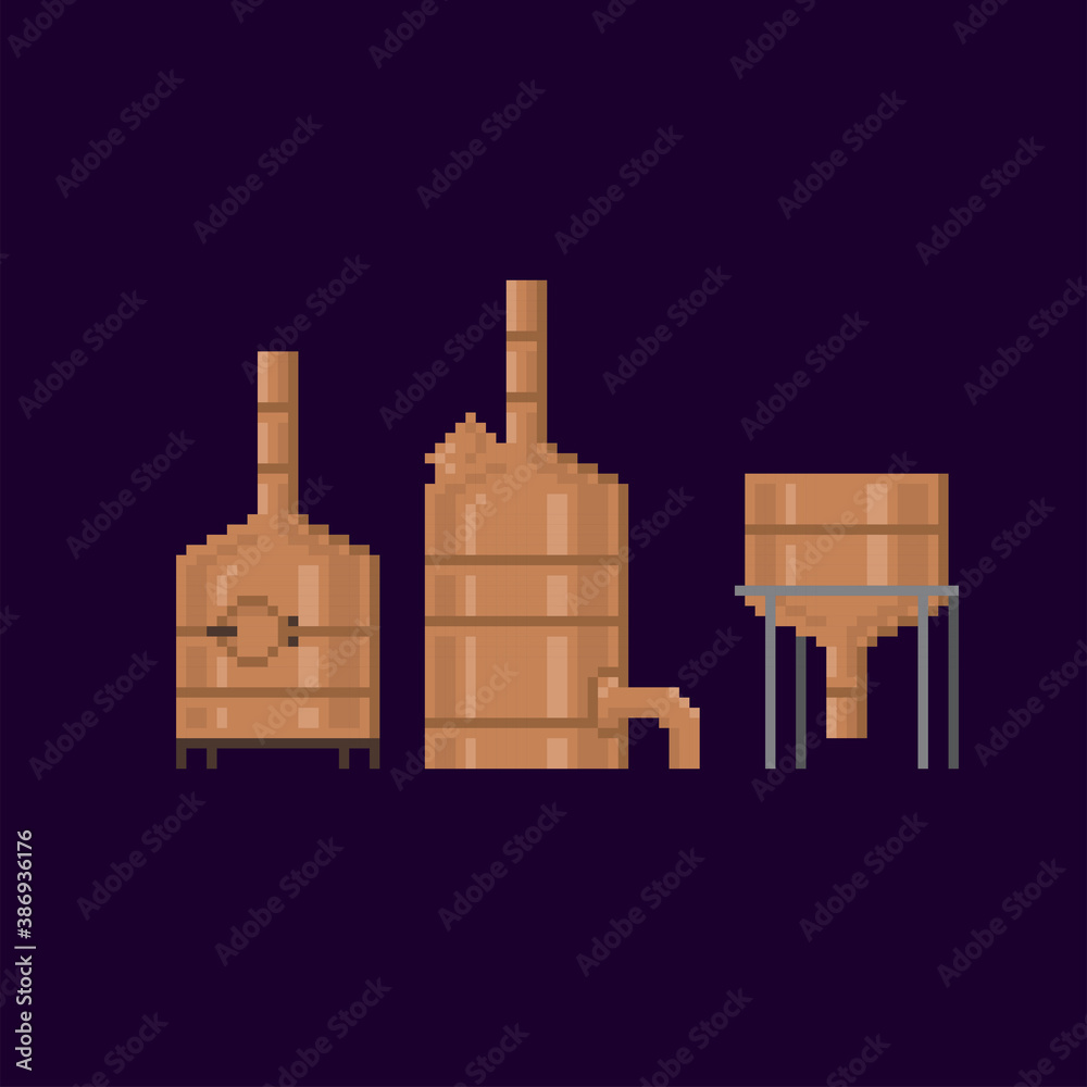 Tanks for beer storage. Modern Brewing Production.Pixel art. Old school computer graphic style. Element design for logo, stickers, web, embroidery and mobile app. Isolated vector illustration. 8-bit