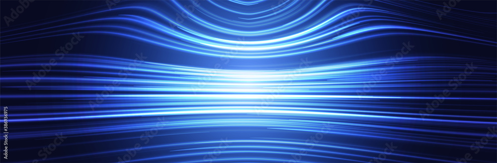 Abstract line background. Futuristic wavy stripes. Dark blue wide wallpaper. Thin cyan lines. Smooth curves. Simple sci-fi pattern. Stock vector illustration