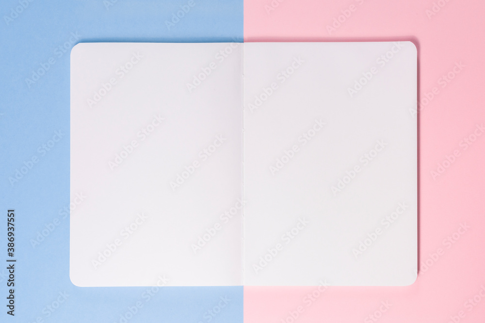 Clean open notepad or sketchbook with space for text on pink and blue background. Creative mockup desk. Flat lay. Top view. Artistic wallpaper