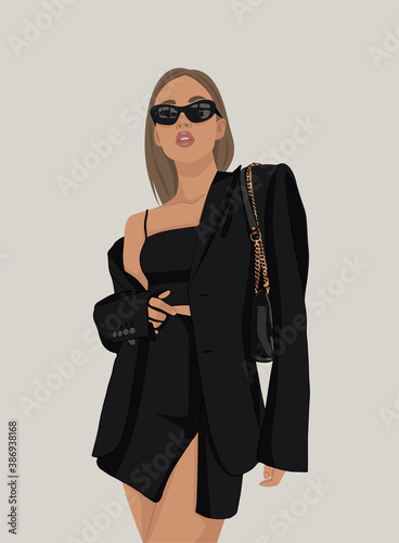 beautiful girl in little black dress simple vector art
