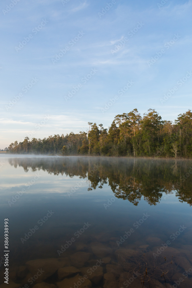 Beautiful nature and fog on the reservoir in Khao Yai National Park Thailand	