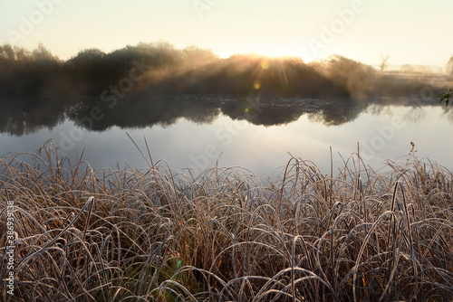 Foggy autumn morning by the river. grass covered with hoarfrost and cobwebs on the shore. soft selection focus.