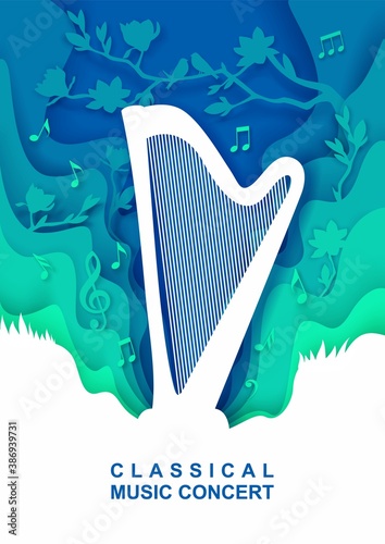 Vector paper cut craft style creative musical background with harp musical instrument, music notes, birds on tree branch. Classical music concert poster, banner, flyer, invitation template.