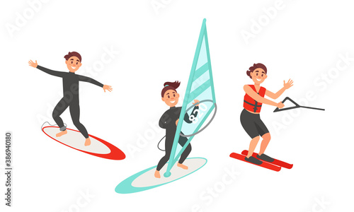 People Characters Surfboarding and Water Skiing Vector Illustration Set photo
