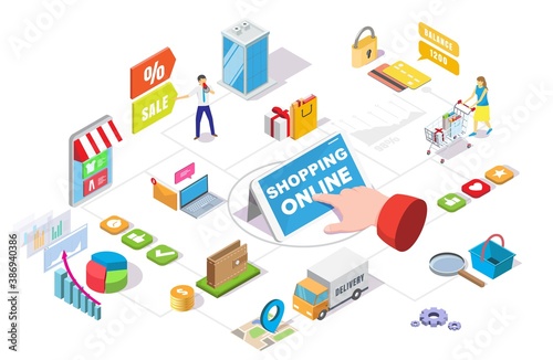Online shopping isometric flowchart, vector illustration. Ecommerce, internet store sales and deals, mobile payment symbols, female cartoon character with shopping cart. Online ordering and delivery.