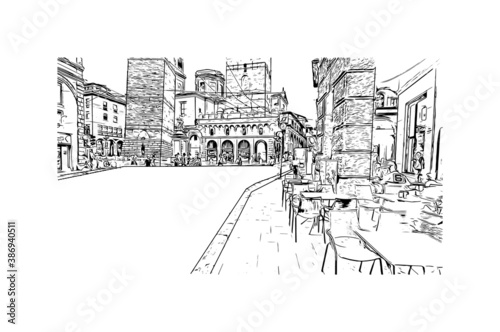 Building view with landmark of Bologna is the capital and largest city of Northern Italy. Hand drawn sketch illustration in vector.