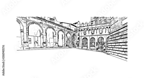 Building view with landmark of Bologna is the capital and largest city of Northern Italy. Hand drawn sketch illustration in vector.