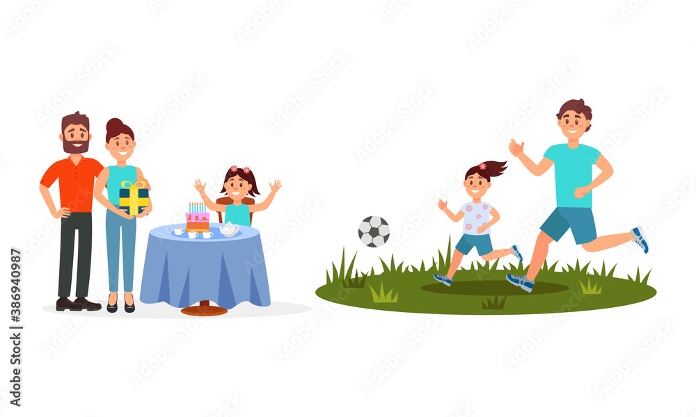 Man and Woman Parents with Kid Celebrating Birthday and Playing Football Vector Illustration Set Man and Woman Parents with Kid Celebrating Birthday and Playing Football Vector Illustration Set